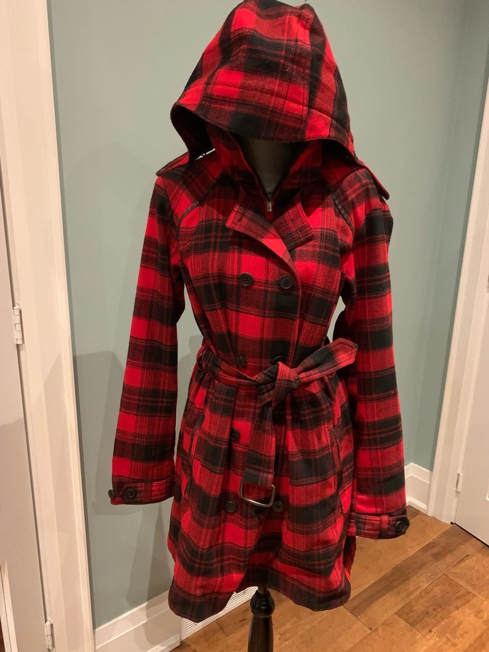 Columbia Red and Black Plaid Hooded Trench Coat